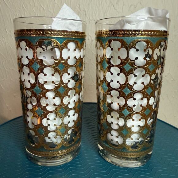 Set Of 3 Vtg MCM Pasinski Washington Highball Glasses 22k Gold & Turquoise EUVC - Picture 6 of 14